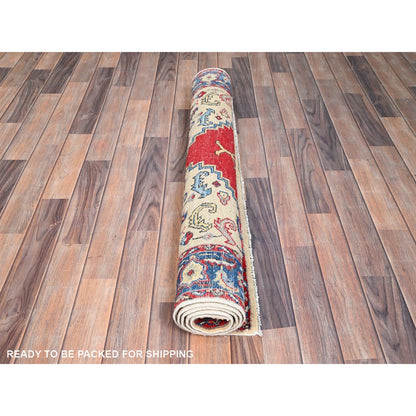 3'10"X5'8" Ivory Hand Knotted Kazak Densely Woven Wool Oriental Rug