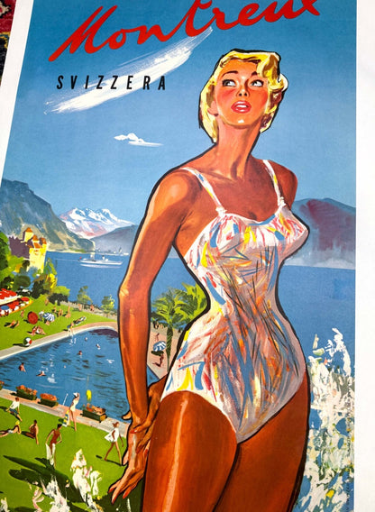 Swiss Travel Poster Montreux By Pierre Brenot C1950 View Mont Blanc Lake Geneva