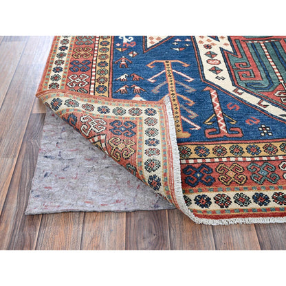 5'2"X7' Blue Swan Kazak With Animal Figurines Hand Knotted Soft Wool Rug