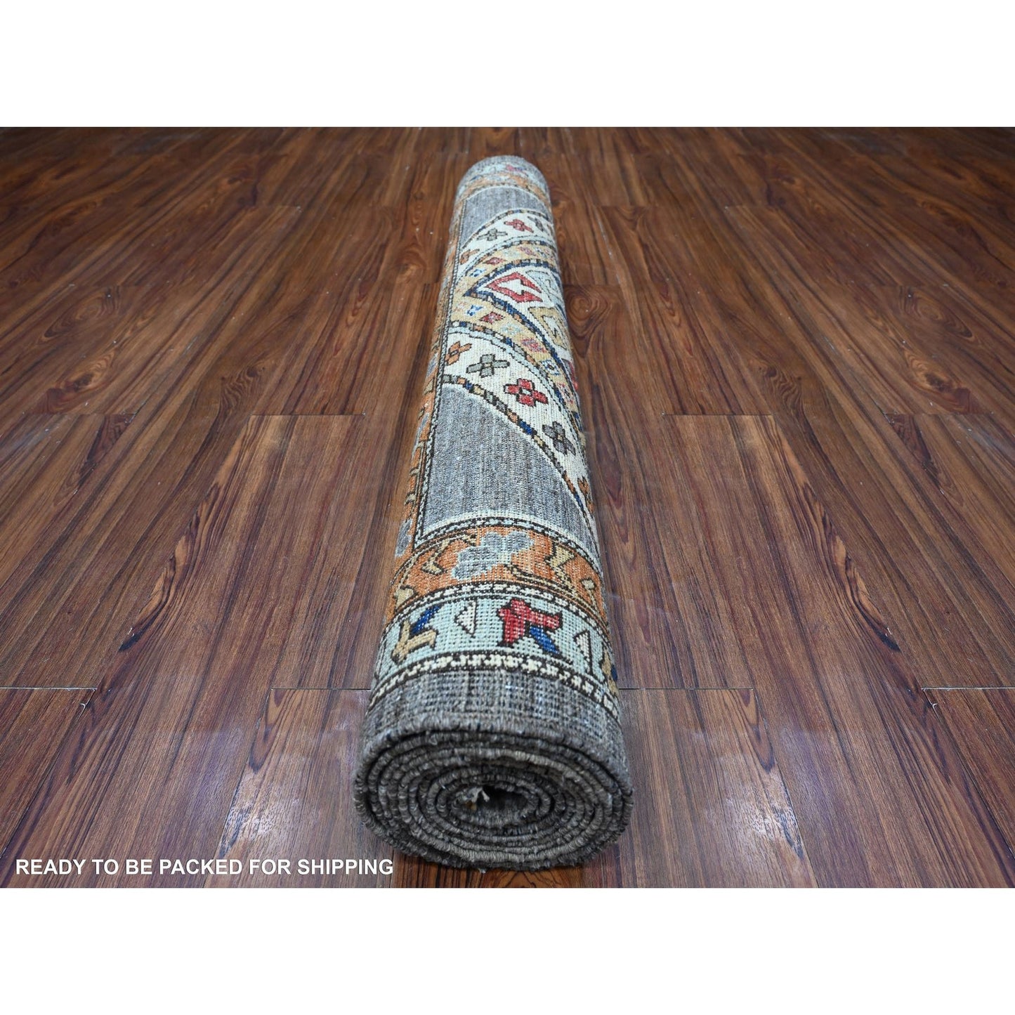 4'1"X11'9" Gray Wide Runner Afghan Village Design Wool Hand Knotted Rug