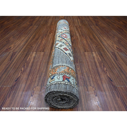 4'1"X11'9" Gray Wide Runner Afghan Village Design Wool Hand Knotted Rug