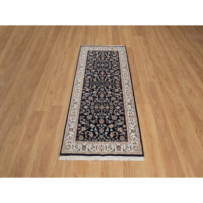2'7"X6'4" Navy Blue Nain Vines Design Wool & Silk Hand Knotted Runner Rug
