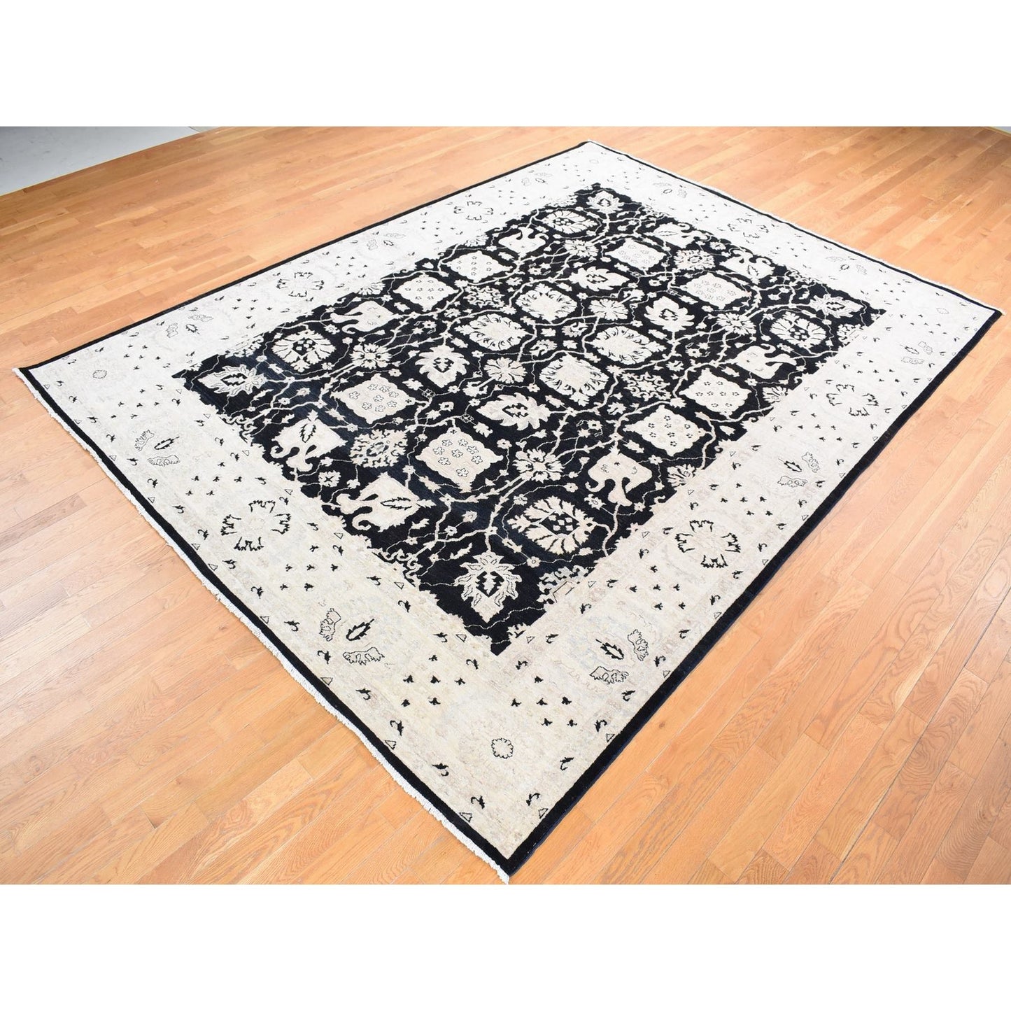 8'10"X12' Black Pure Wool Hand Knotted Afghan Peshawar Rug