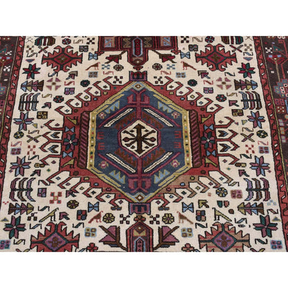 5'1"X6'7" Ivory Zoroastrian Karjihooz Hand Knotted Pure Wool Rug