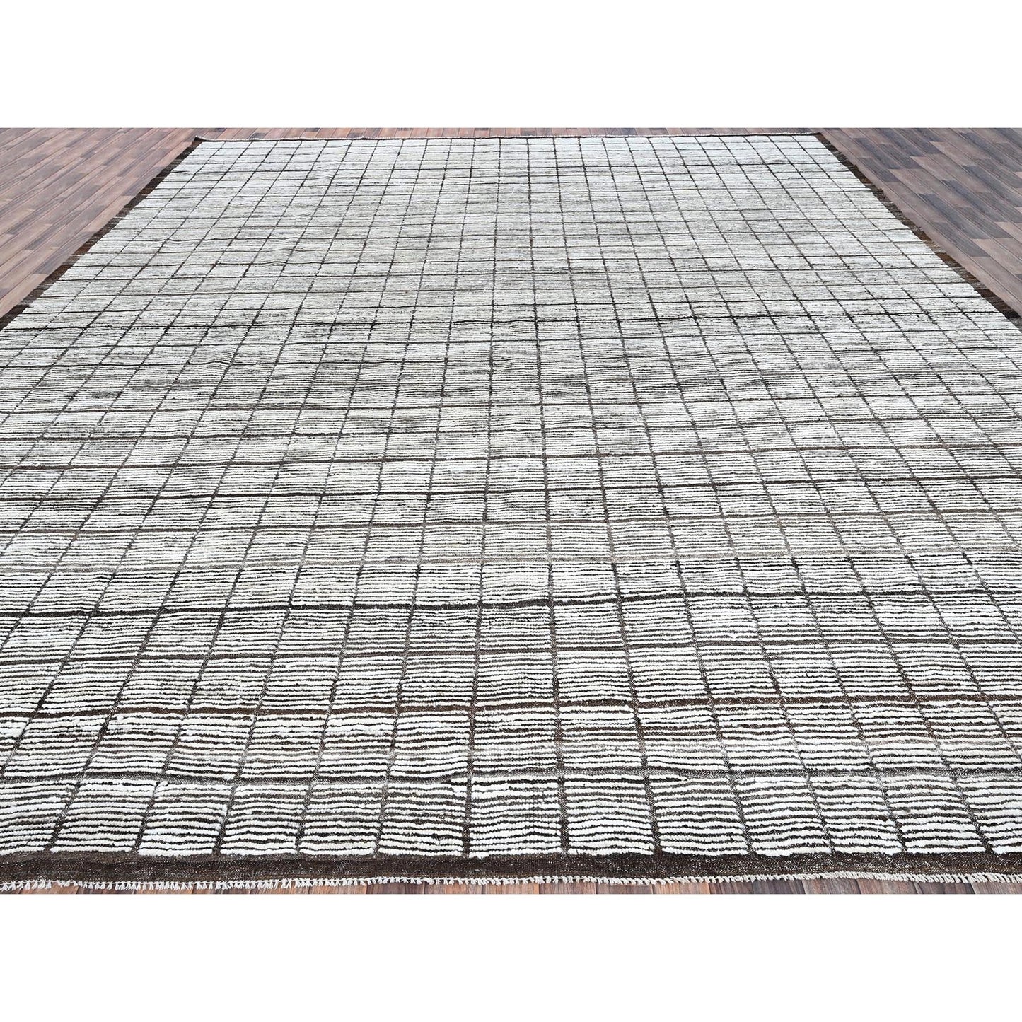 Rug 12'6"x15' White Moroccan Weave with Box Design Wool Hand Knotted XL