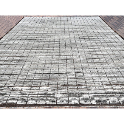 Rug 12'6"x15' White Moroccan Weave with Box Design Wool Hand Knotted XL