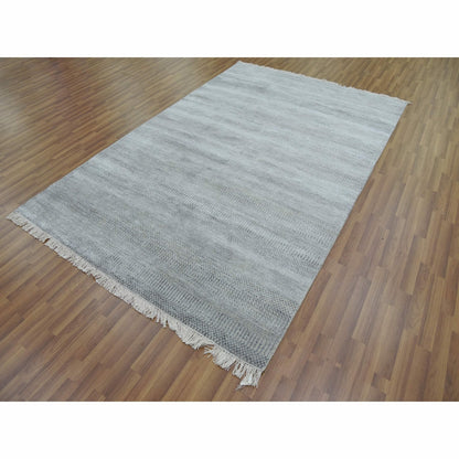6'X9'2" Gray Modern Grass Design Gabbeh Wool And Silk Hand Knotted Rug