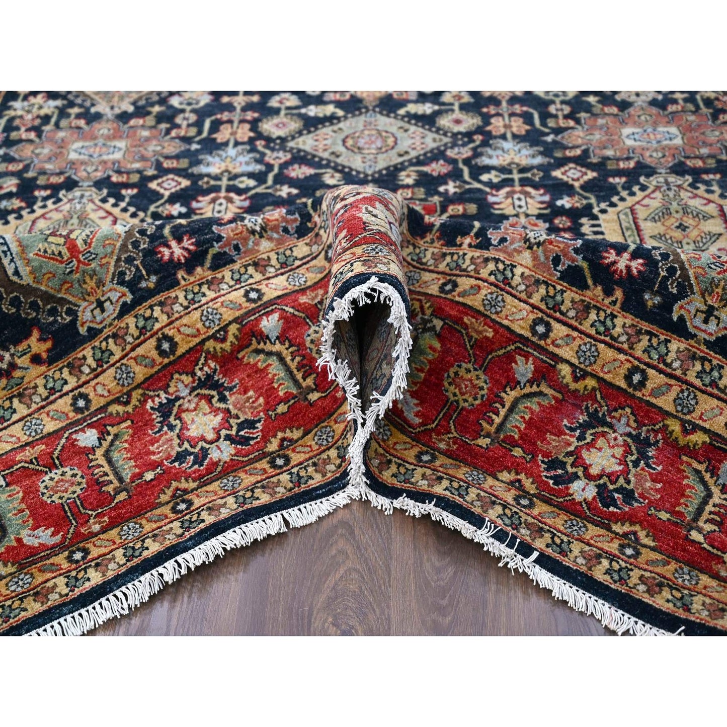8'X8' Black Wool Karajeh Design Hand Knotted Square Oriental Rug