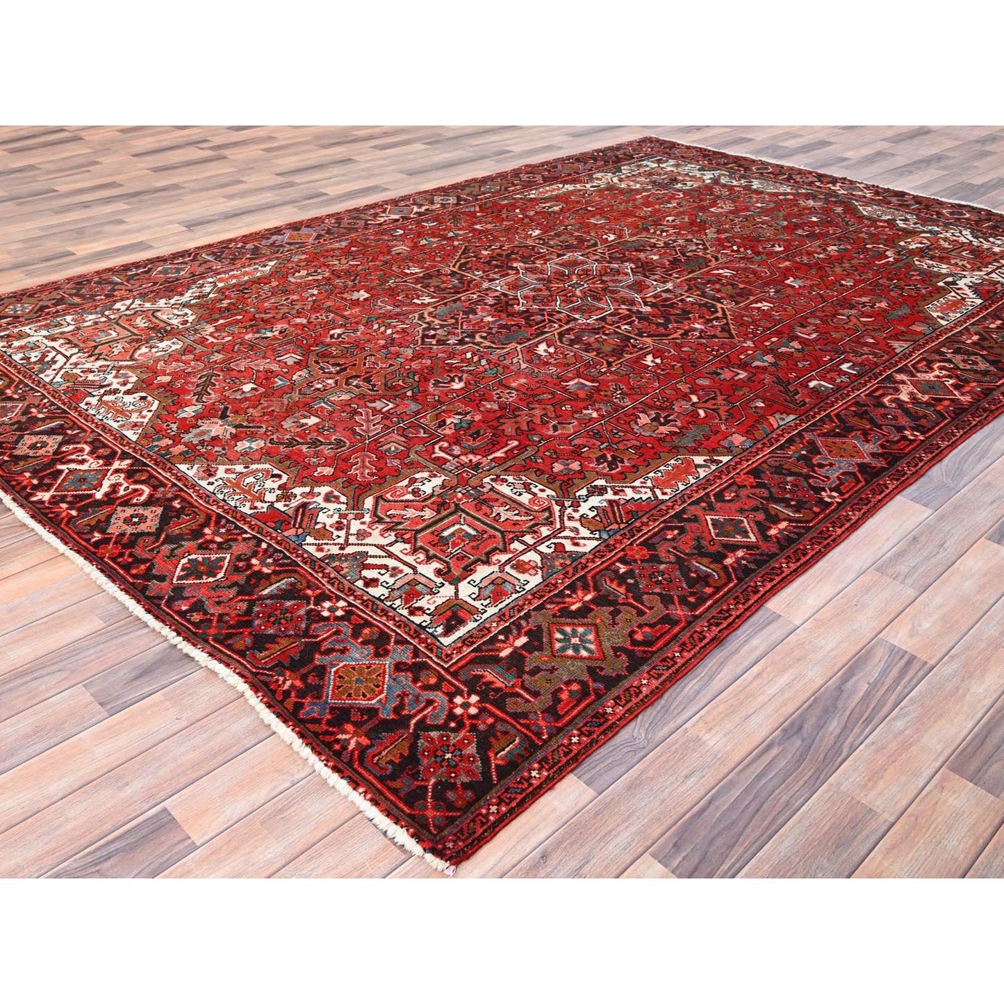 7'7"X11' Red Worn Wool Hand Knotted Semi Antique Zoroastrian Heris Rug