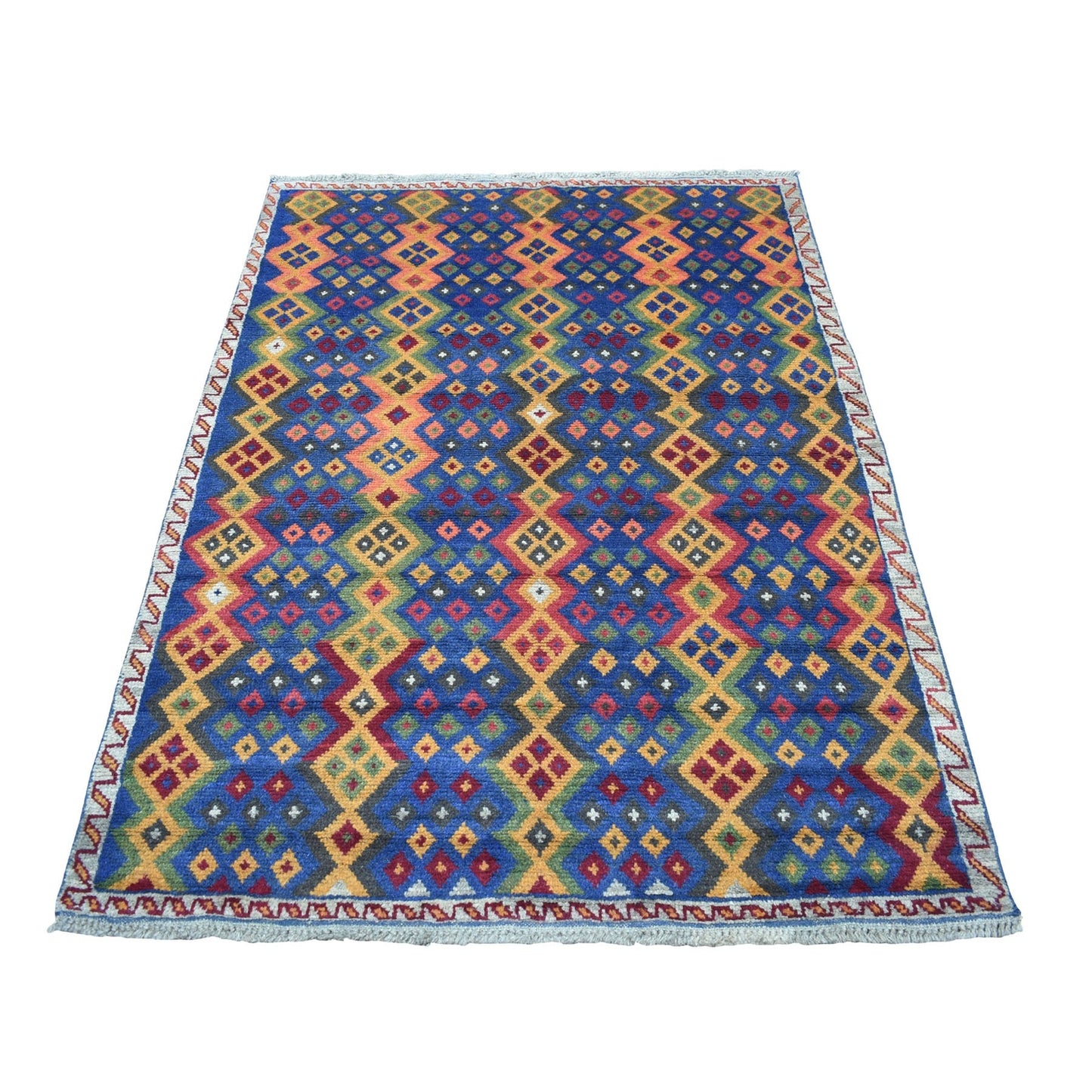 4'1"X5'8" Geometric Design Hand Made Wool Colorful Afghan Village Rug