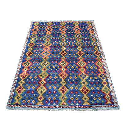 4'1"X5'8" Geometric Design Hand Made Wool Colorful Afghan Village Rug