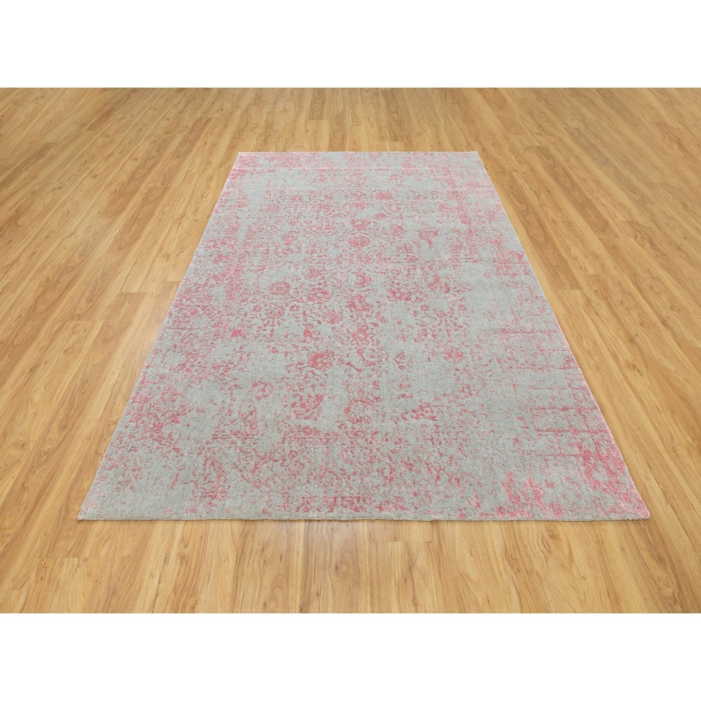 6'X9' Pink Hand Loomed Jacquard Wool And Art Silk All Over Design Rug