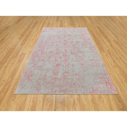 6'X9' Pink Hand Loomed Jacquard Wool And Art Silk All Over Design Rug