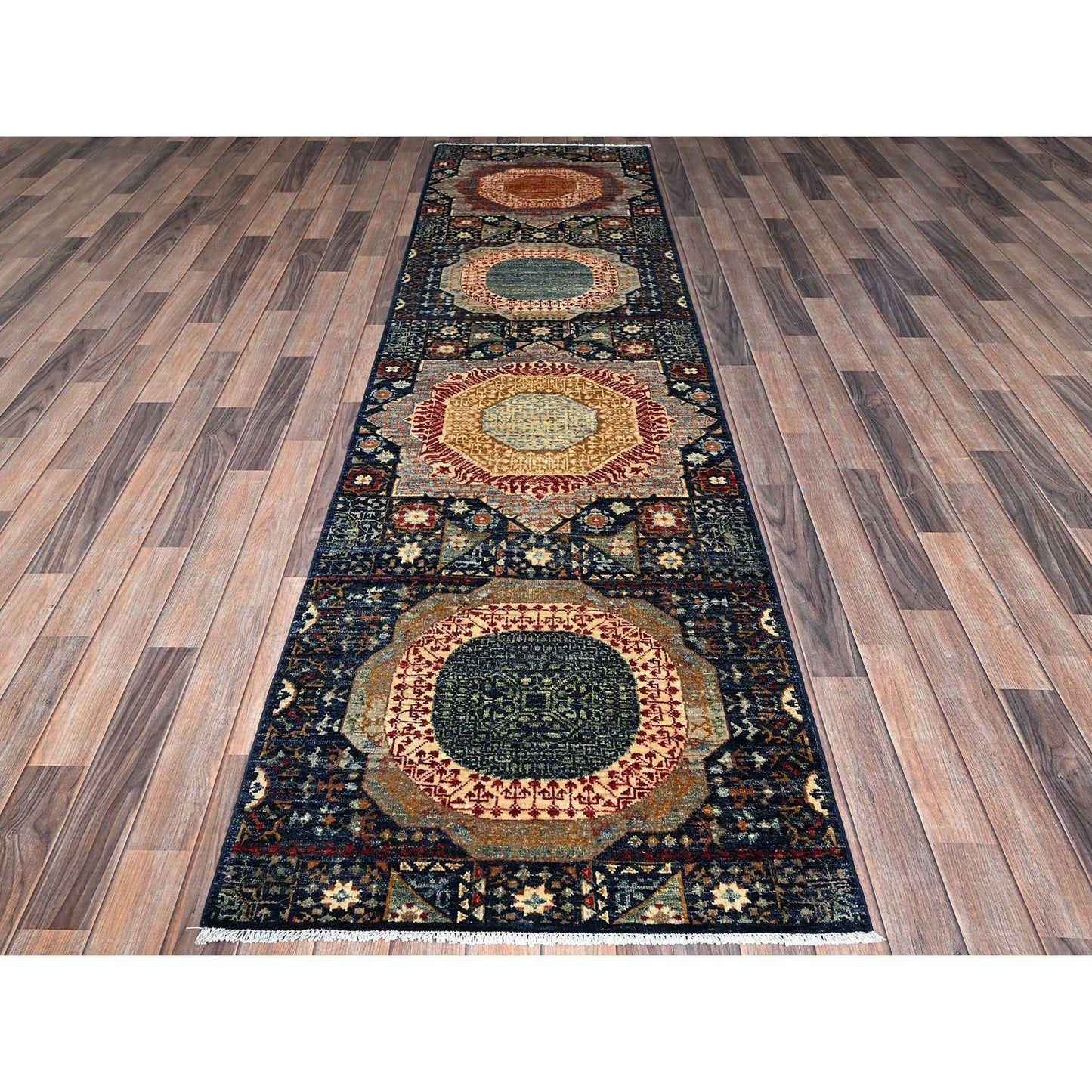 2'9"X10'2" Navy Blue Mamluk Design Soft Wool Hand Knotted Runner Rug