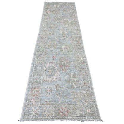2'9"X10'2" Blue Angora Oushak Leaf Design Hand Knotted Wool Runner Rug