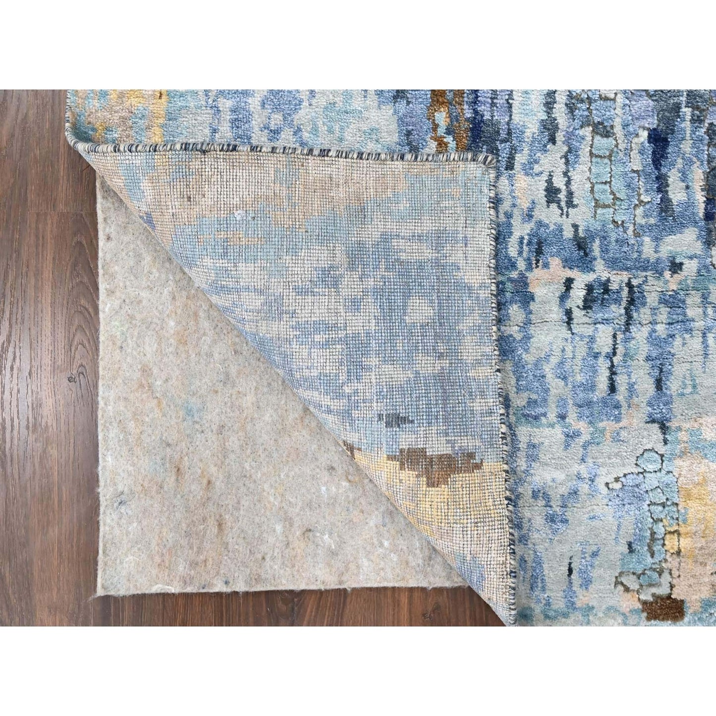 2'6"X12' Yale Blue Mosaic Design Hand Knotted Wool And Silk Runner Rug