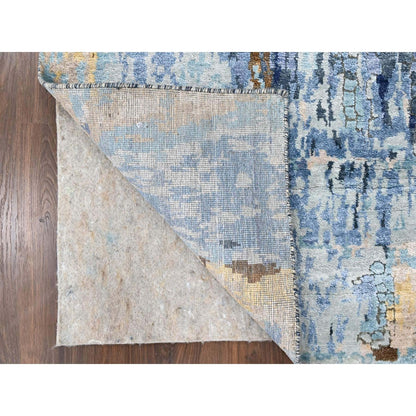 2'6"X12' Yale Blue Mosaic Design Hand Knotted Wool And Silk Runner Rug