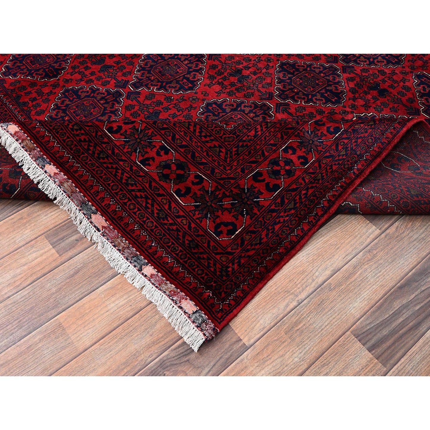Rug 8'5"x11'2" Red Hand Knotted Afghan Khamyab with Geometric Pattern Wool