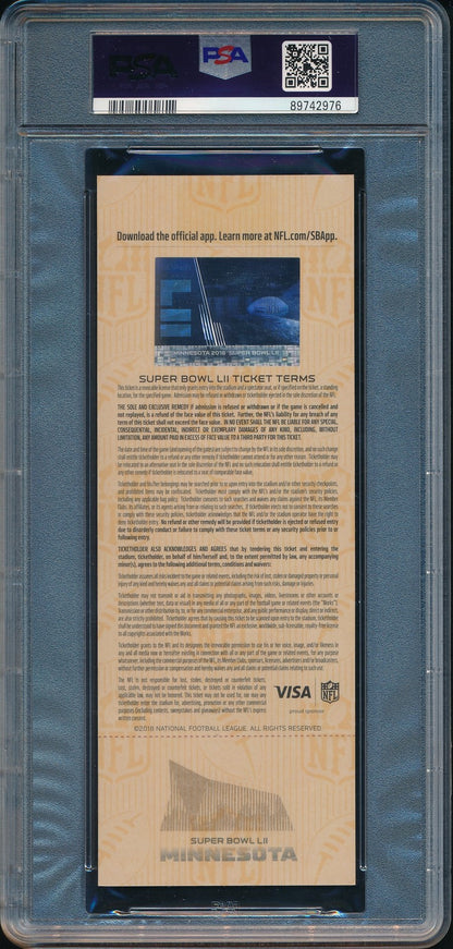 2018 Super Bowl Lii Full Ticket Eagles Vs. Patriots Psa/Dna Mint 9 193536