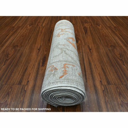 2'5"X13'9" Hand Knotted Gray Angora Ushak Organic Wool Xl Runner Rug