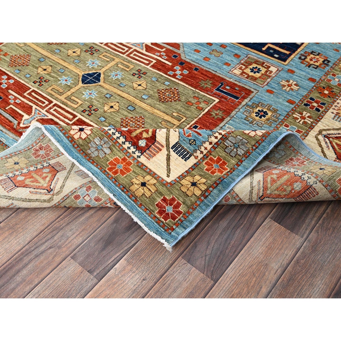 6'X8'6" Maya Blue Armenian Inspired Caucasian Design Wool Hand Knotted Rug