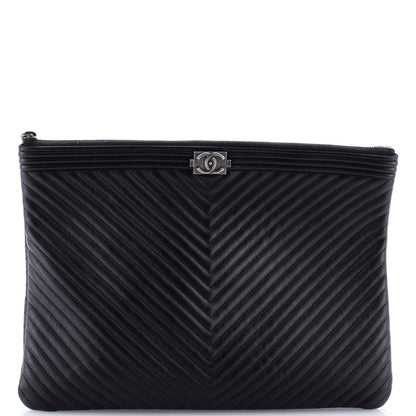 Chanel Boy O Case Clutch Chevron Calfskin Medium