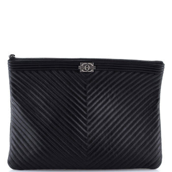 Chanel Boy O Case Clutch Chevron Calfskin Medium