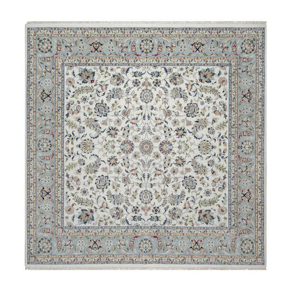 10'2"X10'2" White Nain Flower Motif Wool And Silk Hand Knotted Square Rug
