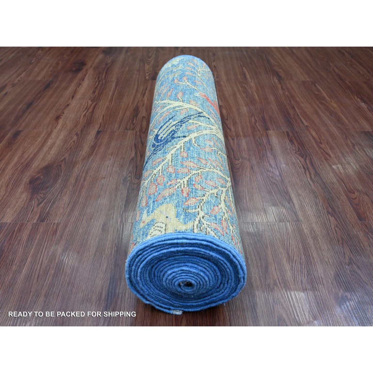 2'9"X23'4" Blue Hand Knotted Peshawar Birds Design Soft Wool Runner Rug