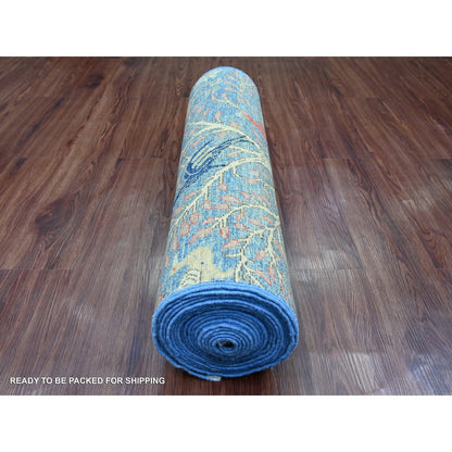 2'9"X23'4" Blue Hand Knotted Peshawar Birds Design Soft Wool Runner Rug