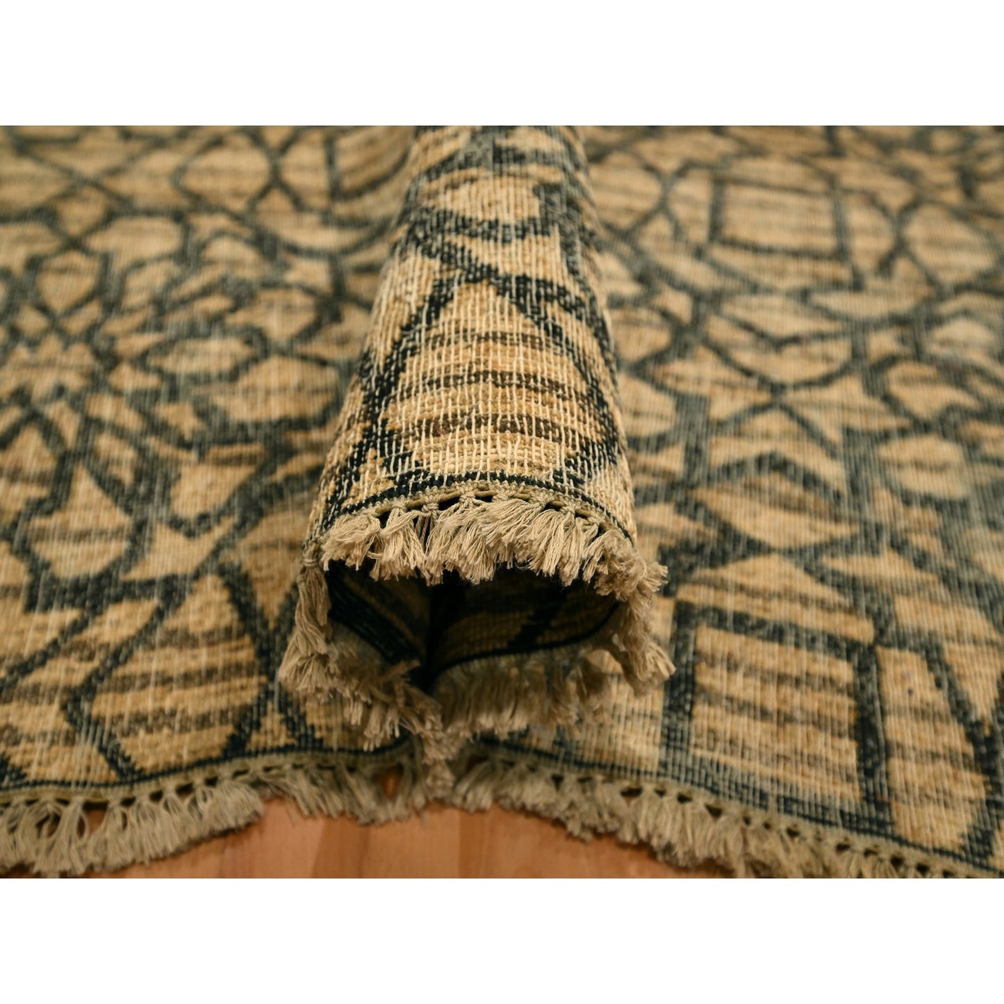 7'8"X8'7" Brown Flower Rosette Motif Undyed Natural Wool Hand Knotted Rug