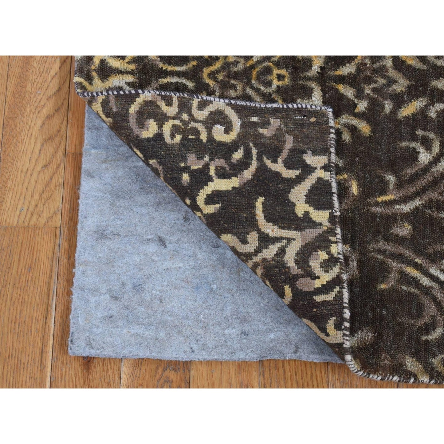 2'x9'10" Brown Hand Knotted Damask Tone on Tone Wool and Silk Runner Rug