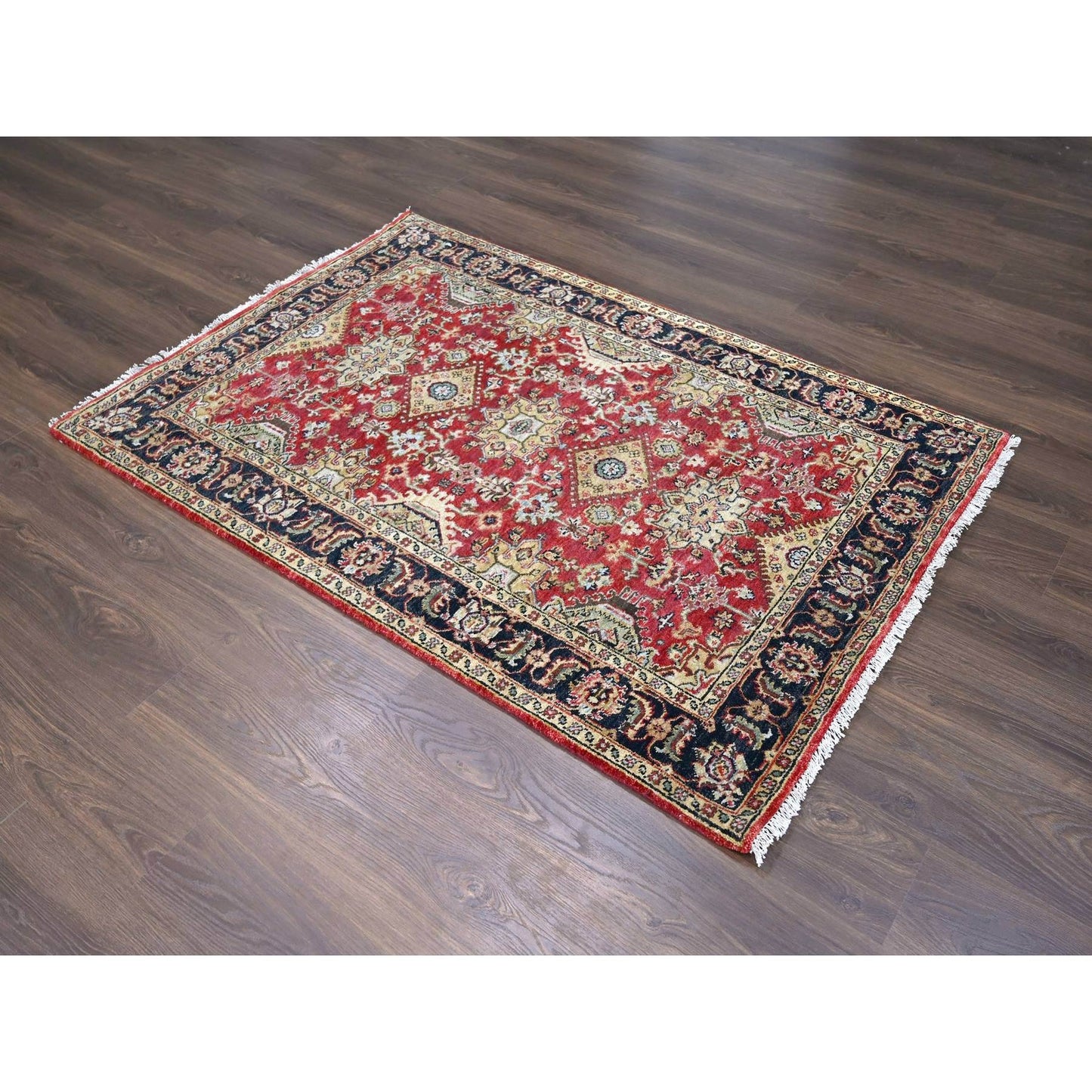 4'1"X6' Red And Black Karjihooz Design Wool Hand Knotted Oriental Rug
