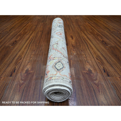 4'X9'10" Gray Hand Knotted Afghan Angora Oushak Wool Wide Runner Rug