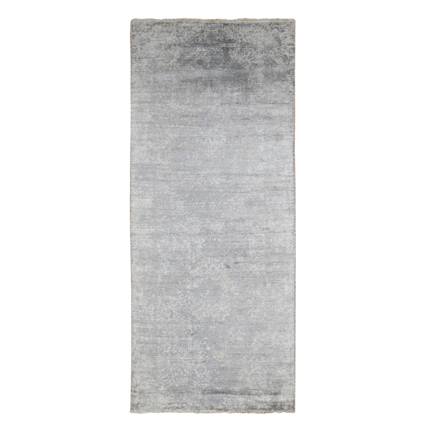 4'X9'8" Gray Erased Zoroastrian Design Runner Wool-Silk Hand Knotted Rug