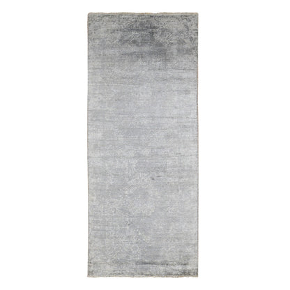 4'X9'8" Gray Erased Zoroastrian Design Runner Wool-Silk Hand Knotted Rug