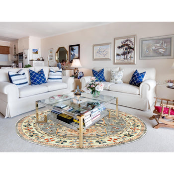 8'X8' Seared Gray Extra Soft Wool Caucasian Design Round Oriental Rug