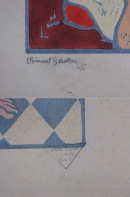 Clment Serveau 1945 Signed Color Woodcut "Moment Of Rest" Nude W/ Stamp Paris
