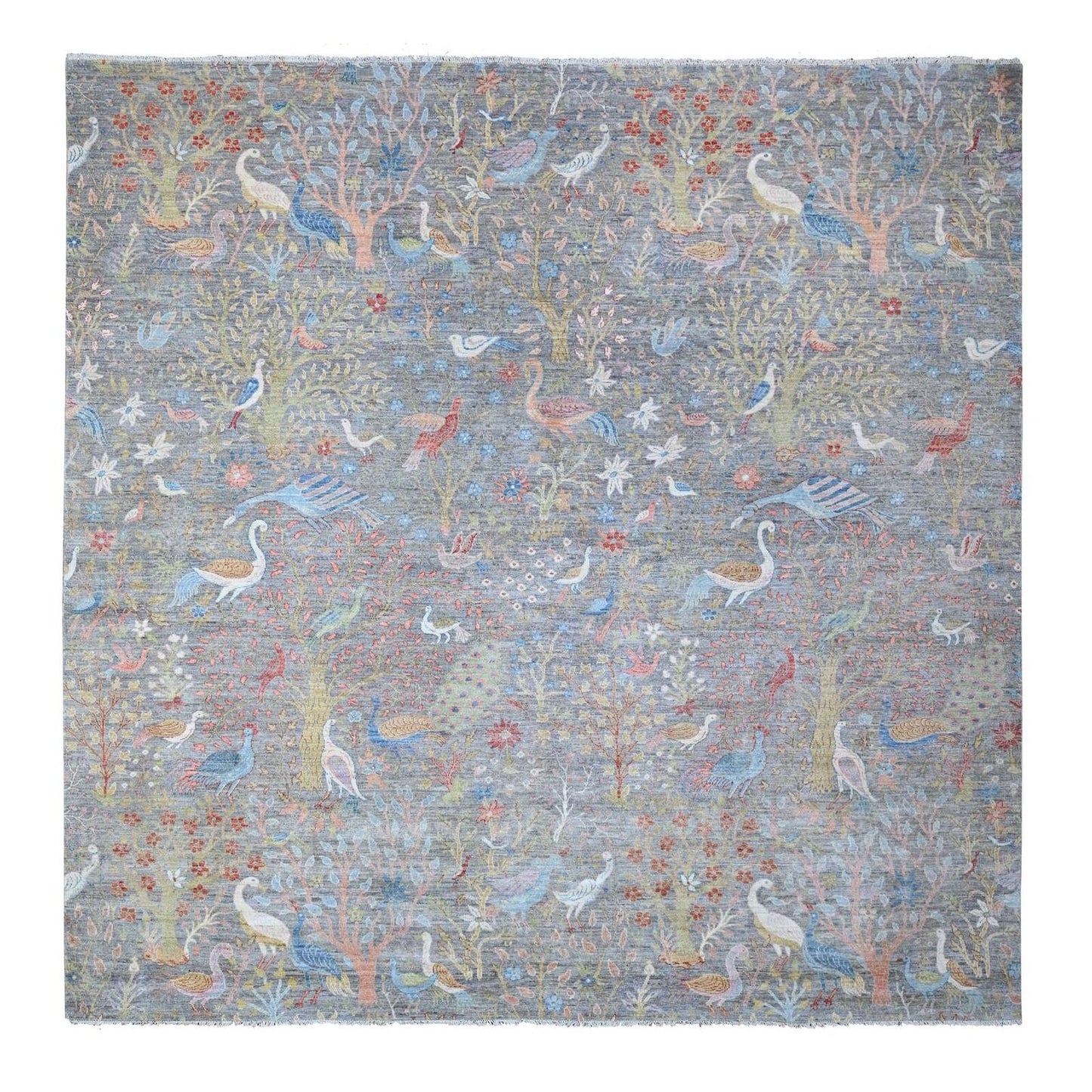 12'X12' Gray Hand Knotted Peshawar Birds Of Paradise Square Oriental Rug