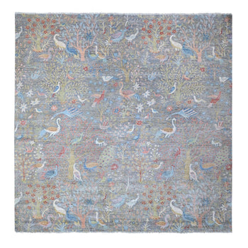 12'X12' Gray Hand Knotted Peshawar Birds Of Paradise Square Oriental Rug