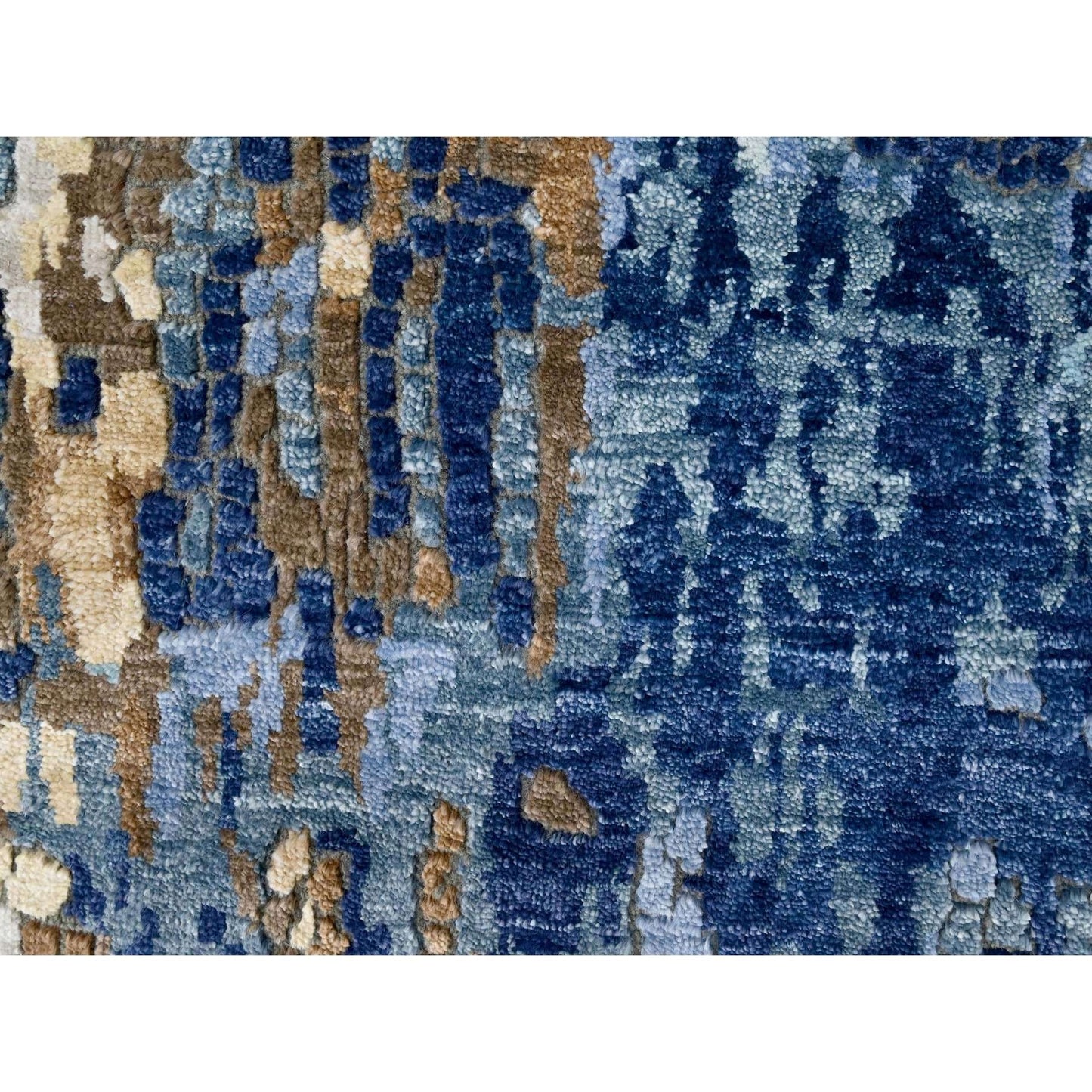 2'6"X12' Yale Blue Mosaic Design Hand Knotted Wool And Silk Runner Rug