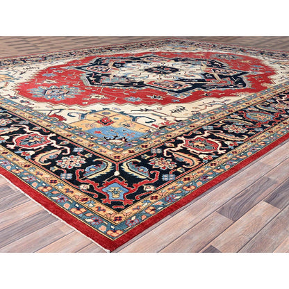 12'1"X15'9" Red Hand Knotted Wool Heris Seeripe Geometric Oversized Rug