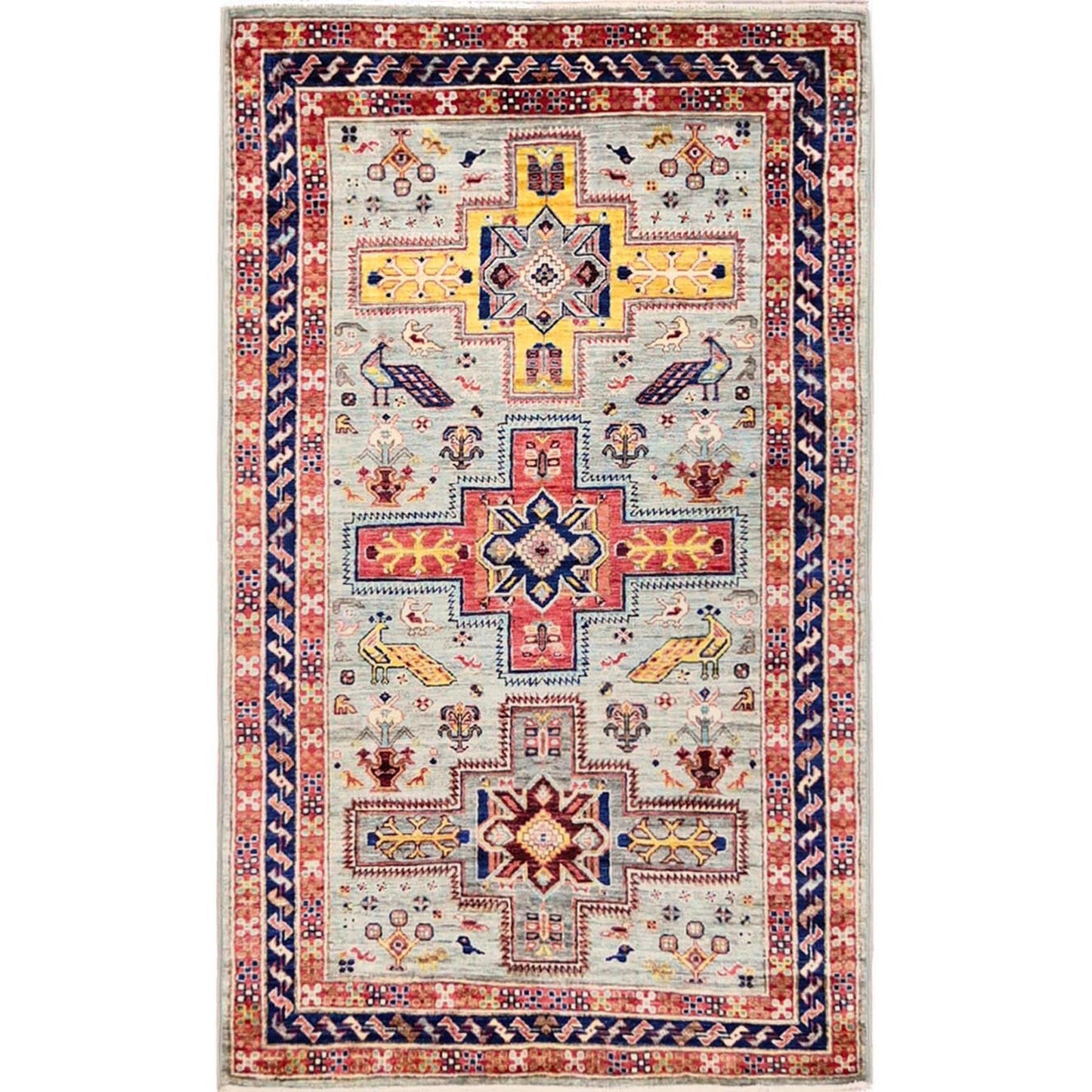 3'X5' Gray Hand Knotted Rug All Wool Armenian Inspired Caucasian Design