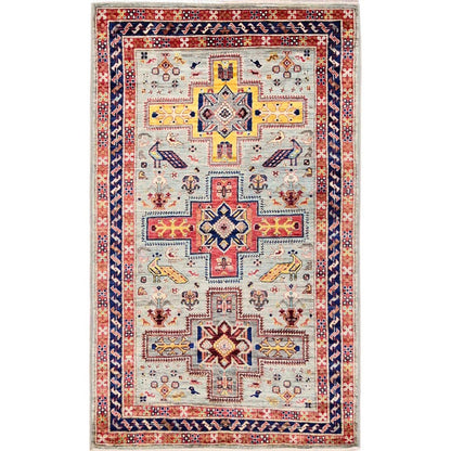 3'X5' Gray Hand Knotted Rug All Wool Armenian Inspired Caucasian Design