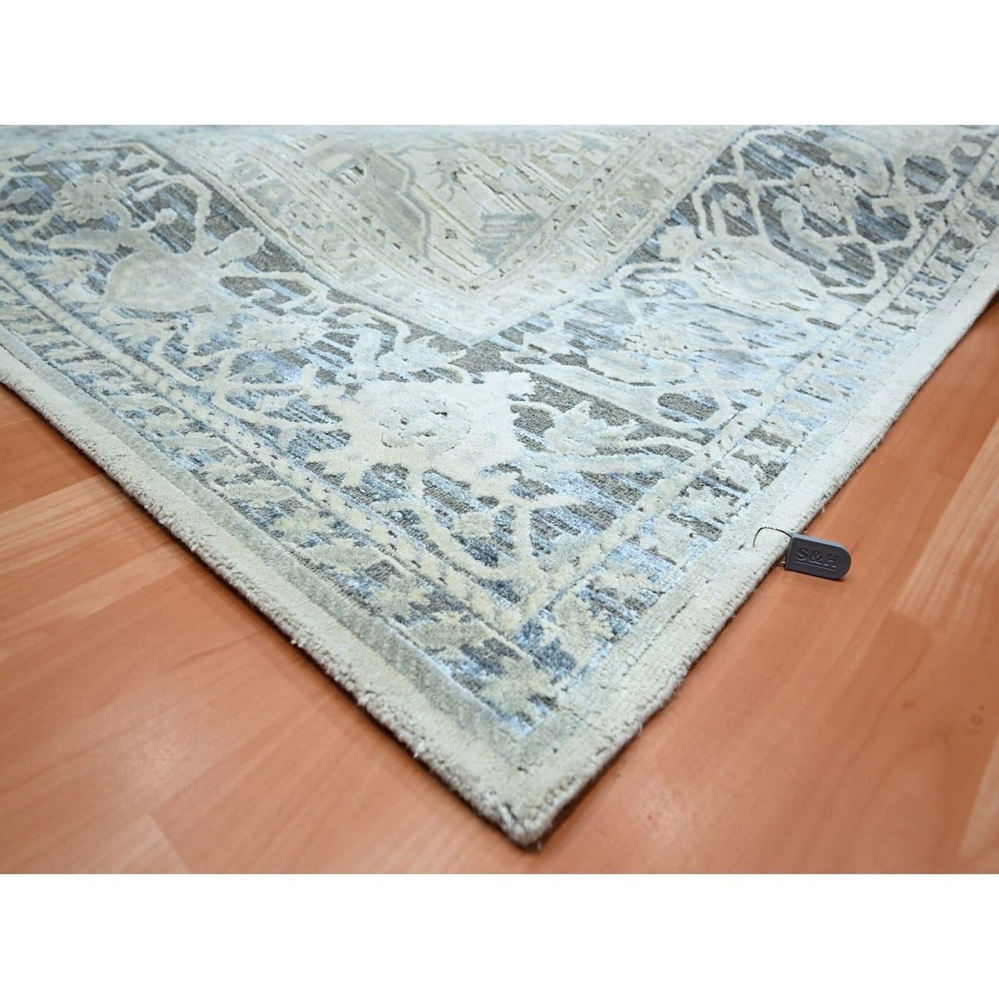 8'X9'10" Misty Gray Hand Knotted Oushak Design Silk And Oxidized Wool Rug