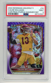 Caleb Williams 2022 Bowman University Chrome Prospect Purple Shimmer Refractor #