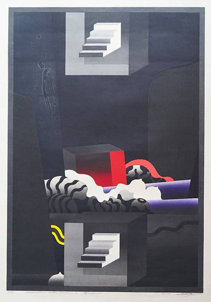 Akira Kurosaki Signed Woodblock Print Modern Art of Darkness Composition