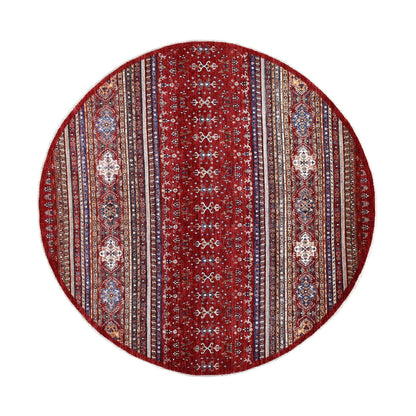 9'7"X9'7" Red Round Super Kazak Khorjin Design Natural Wool Oriental Rug