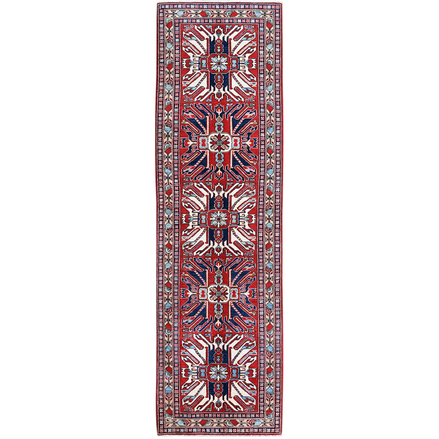 2'9"X9'10" Red Kazak With Tribal Design Soft Wool Hand Knotted Runner Rug