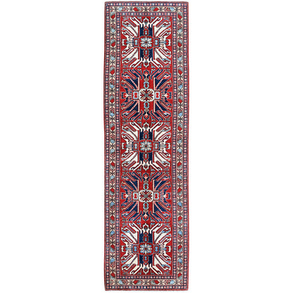 2'9"X9'10" Red Kazak With Tribal Design Soft Wool Hand Knotted Runner Rug